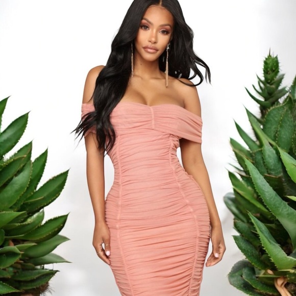 Off-The-Shoulder Ruched Mesh Bodycon Dress - Picture 8 of 16